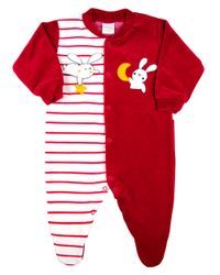 Foto do produto Macacao Bebe Menino Plush Liso e Listrado com Bordados Aplicados de Coelhinhos