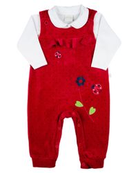 Foto do produto Macacao Salopete Bebe Menina Plush Estampado com Body Suedine Bordados Aplicados de Flores