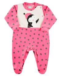 Foto do produto Macacao Bebe Menina Plush Estampado Bolinhas com Bordados Aplicados de Pinguim