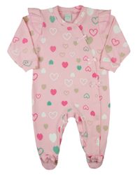Foto do produto Macacão Bebê Menina Suedine Estampado Algodão Manga Longa Comprido Corações