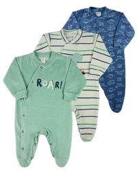 Foto do produto Macacao Bebe Menino Plush Estampado Liso e Listrado Kit Macacao Plush Menino Dinossauros 3 Pecas