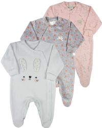 Foto do produto Macacao Bebe Menina Plush Estampado e Liso Kit Macacao Plush Menina Coelhos e Bolinhas 3 Pecas