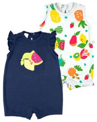 Foto do produto Macacao Bebe Menina Suedine Liso e Estampado Kit Macacao Body Sem Manga Menina Frutas 2 Pecas