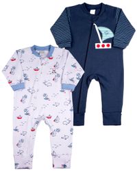 Foto do produto Macacao Bebe Suedine Ziper Menino Estampado e Liso Kit Macacão Suedine Algodao Barquinhos 2 Pecas