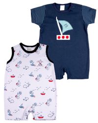 Foto do produto Macacao Bebe Menino Curto Suedine Liso e Estampado Kit Macacão Suedine Algodao Verao Barquinhos 2 Pç