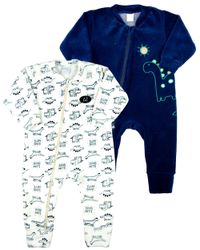 Foto do produto Macacao Bebe Menino Plush Estampado e Liso Kit Macacão Plush Menino Dinossauros 2 Peças