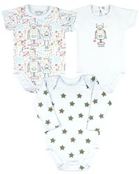 Foto do produto Kit Body Bebê Menino Suedine Estampado Robôs e Estrelas