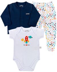 Foto do produto Conjunto Bebê Suedine Liso e Estampado Folhas e Silk Foguetes
