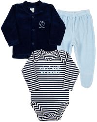 Foto do produto Conjunto Bebê Inverno Casaco Body e Calça Plush e Cotton Listrado Smile And Be Happy