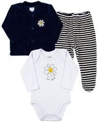 Foto do produto Conjunto Bebê Inverno Menina Casaco Plush Liso Calça Plush Listrado e Body Suedine Silk Margarida