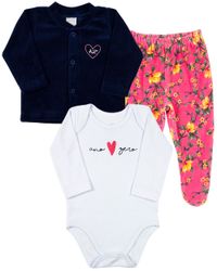 Foto do produto Conjunto Bebê Inverno Menina Casaco Plush Liso Calça Plush Estampado e Body Suedine Silk Coração