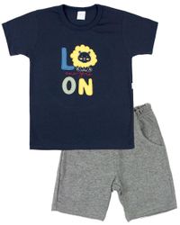 Foto do produto Conjunto Manga Curta Bebê Menino 10M a 3 Anos Malha e Moletinho Bordado Leão