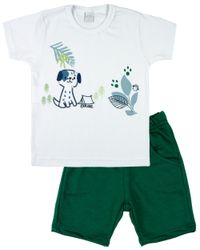 Foto do produto Conjunto Manga Curta Bebê Menino 10M a 3 Anos Malha e Moletinho Silk Screen e Bordado Cachorrinho