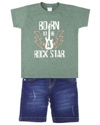 Foto do produto Conjunto Infantil Menino Malha Colorê Soft Touch e Indigo Stone Washed Rock Star
