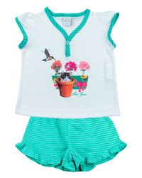 Foto do produto Pijama Infantil Menina Malha Lisa e Listrada Beija Flor e Gatinho
