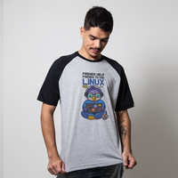 CAMISETA RAGLAN CINZA - FRIENDS HELP FRIENDS TO USE LINUX