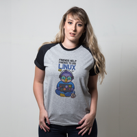 CAMISETA RAGLAN CINZA - FRIENDS HELP FRIENDS TO USE LINUX