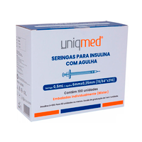Foto do produto SERINGA de Insulina 0,5ml Blister C/1un. Caixa C/ 100Un. UNIQMED - Ag 6x25mm