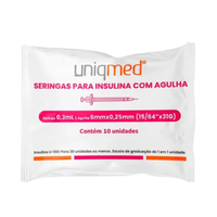 Foto do produto SERINGA de Insulina 0,3ml C/10un UNIQMED - Ag 6X25mm