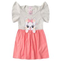 Foto do produto Vestido Infantil Menina Franzido Cintura Em Meia Malha Aplique interativo Gatinha Tamanhos P, M, G