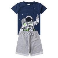 Foto do produto Conjunto Infantil Masculino - Camiseta Azul Estampada de Astronauta e Shorts Cinza - Tamanhos 1 a 10 Anos