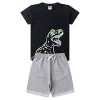 Foto do produto Conjunto Infantil Masculino - Camiseta Preta com Estampa de Dinossauro Neon e Shorts Cinza - Tamanhos 1 a 10 Anos