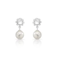 Foto do produto BRINCO DE PRATA PÉROLA SHELL 8MM DE 6 X 6 MM PENDURADAS FLOR COM  20 ZIRCONES CRAVEJADOS    22314