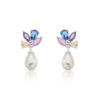 Foto do produto BRINCO DE PRATA PÉROLA SHELL 8X10MM FLOR COM 11 ZIRCONES COLORIDOS CRAVEJADOS   22324