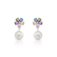 Foto do produto BRINCO DE PRATA PÉROLA SHELL 9MM FLOR COM 15 ZIRCONES COLORIDOS CRAVEJADOS   22319