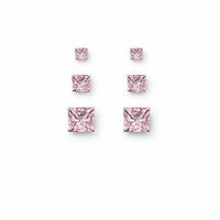 Foto do produto BRINCO DE PRATA TRIO SOLITÁRIO QUADRADO ROSA  3,4 E 5 MM