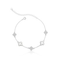 Foto do produto PULSEIRA DE PRATA TREVO 17cm + 5cm DE EXTENSOR COM 36 ZIRCONES CRAVEJADOS E 2 MADRE PÉROLAS DE 8 MM 22299
