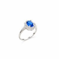 Foto do produto ANEL DE PRATA SOLITARIO FLOR COM SAFIRA OVAL E ZIRCONES CRAVEJADOS