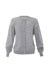 CARDIGAN CASHMERE C/APLICACOES EM RENDA CINZA