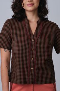 Blusa Sebastiana Manga Curta - Xadrez Vichy Marrom