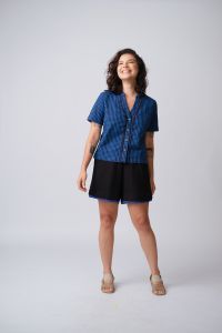 Blusa Sebastiana Manga Curta - Xadrez Vichy Azul