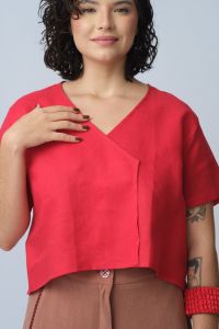 Blusa Margarida 100% Linho Manga Curta - Vermelho