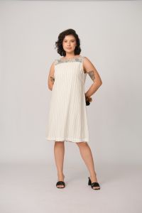 Vestido Dedé Dupla Face - Creme / Listra Azul