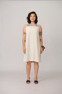 Vestido Dedé Dupla Face - Creme / Listra Azul