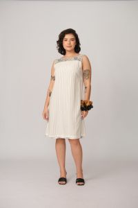 Vestido Dedé Dupla Face - Creme / Listra Azul