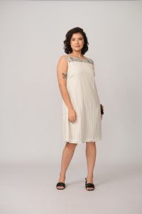 Vestido Dedé Dupla Face - Creme / Listra Azul