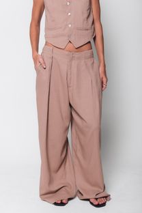 Calça Ampla com Pregas Bege 