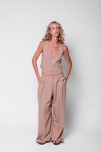 Calça Ampla com Pregas Bege 