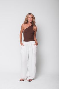 Calça Ampla com Pregas de Linho Off White 