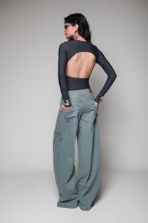 Body Manga Longa Costas Abertas Cinza 