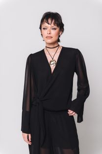 Blusa Amarração Manga Ampla Preta