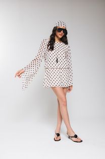 Vestido Costas Abertas Manga Ampla Estampado Poá