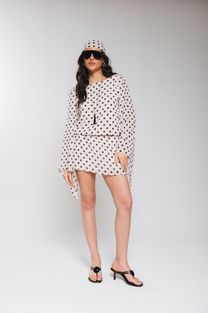Vestido Costas Abertas Manga Ampla Estampado Poá