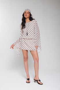 Vestido Costas Abertas Manga Ampla Estampado Poá