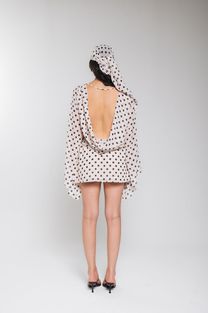 Vestido Costas Abertas Manga Ampla Estampado Poá
