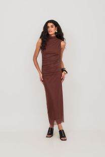 Vestido Midi de Tule Marrom